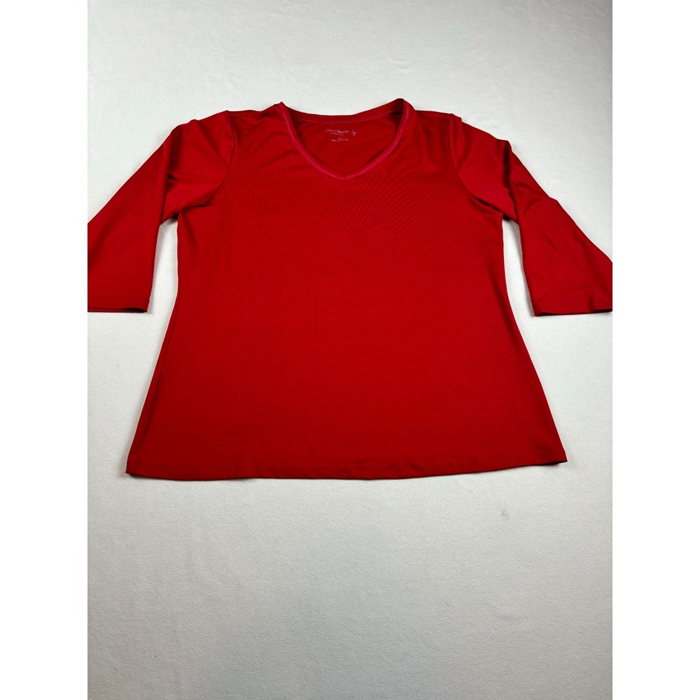 Susan Graver Red Blouse XL Women Stretch 3/4 Sleeve V Neck Casual Soft Top